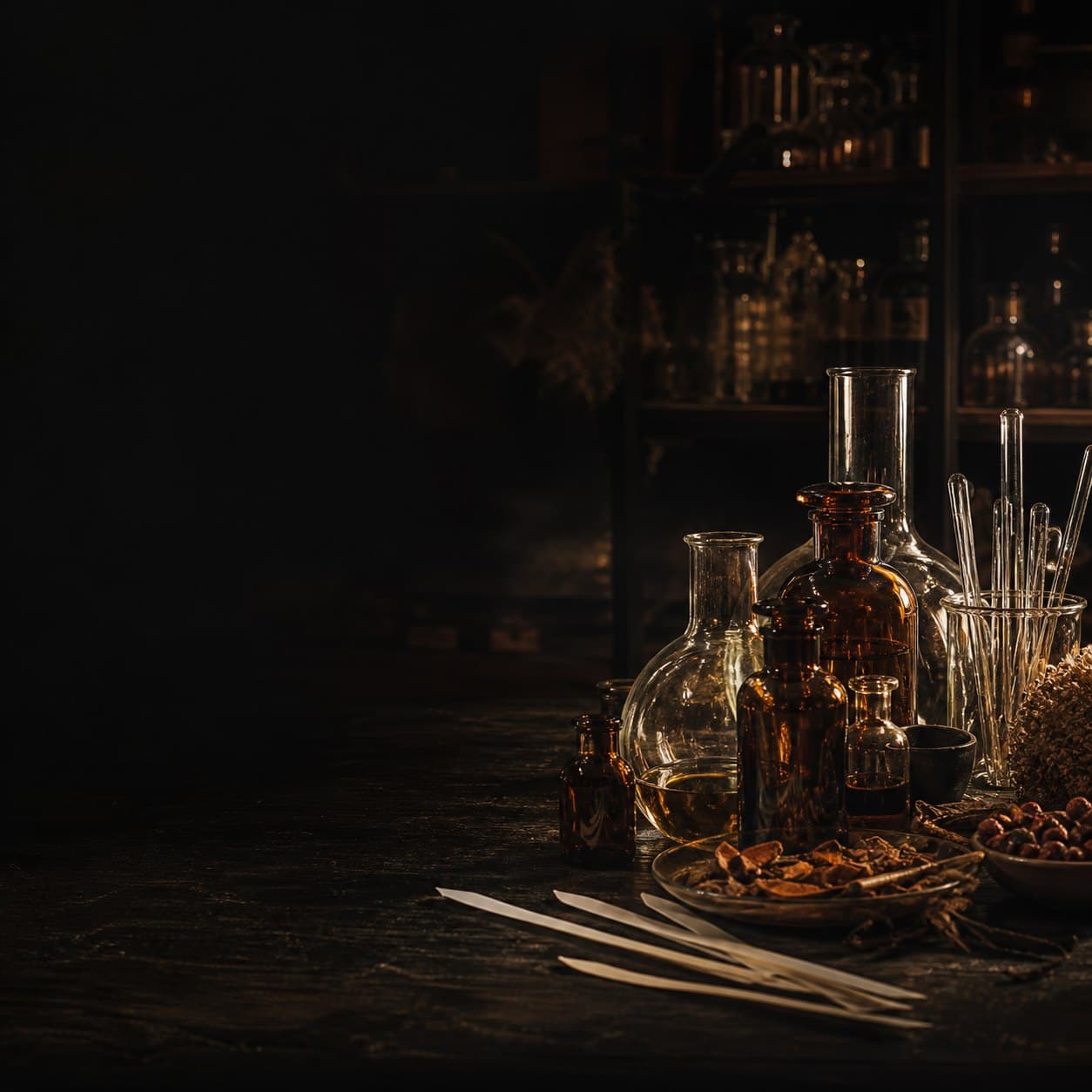 Bancada de perfumaria com frascos, vidrarias e matérias-primas