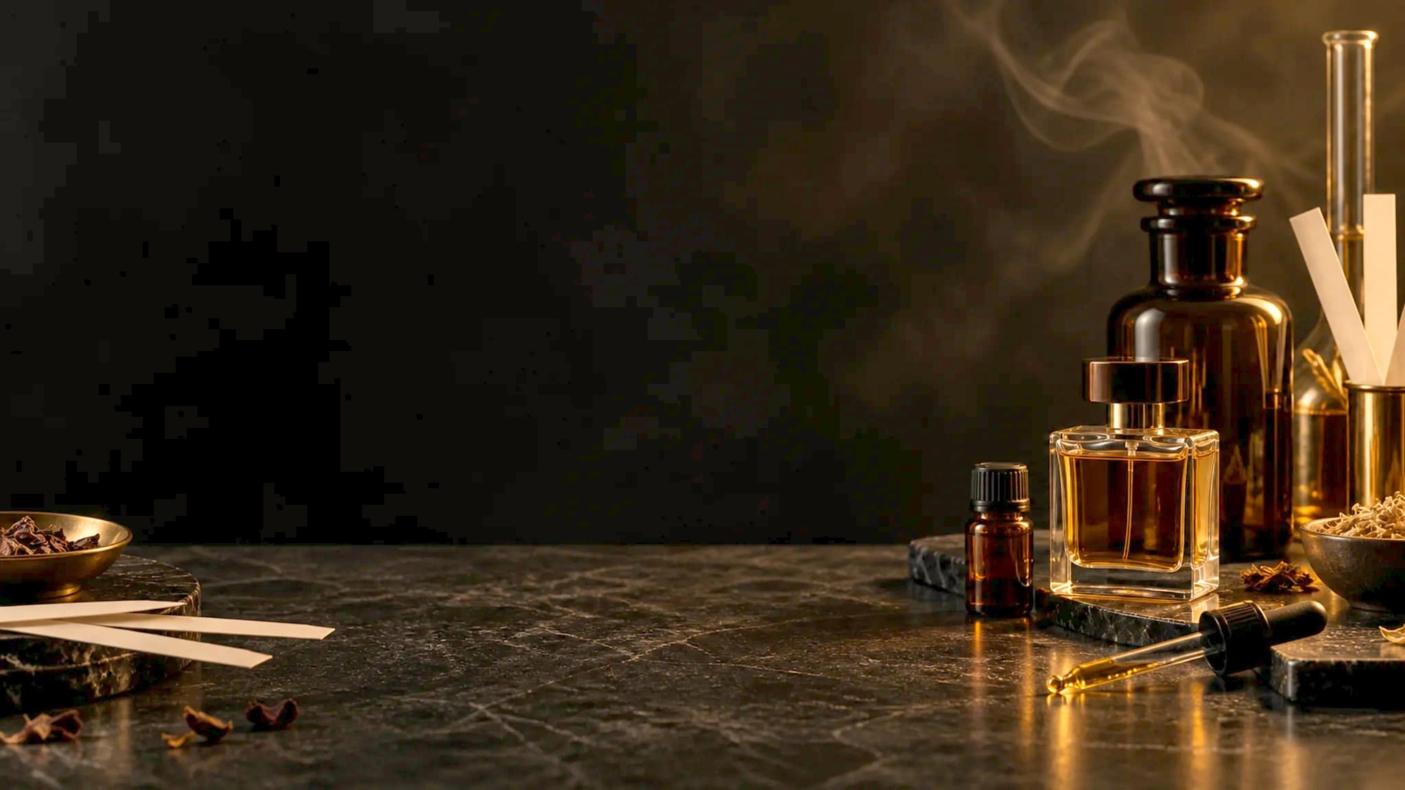 Bancada escura de perfumaria com frascos de essência e fitas olfativas